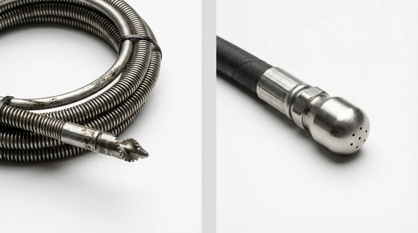 Drain snake cable and hydro jetting nozzle used for drain cleaning in Oakfield, WI