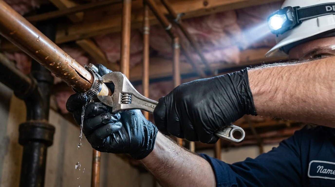 Emergency pipe clamp repair being performed by a Johns Plumbing LLC plumber in Oakfield